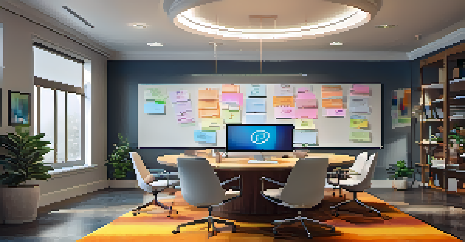 A collaborative workspace with a round table, whiteboard, and comfortable seating designed for team interaction.