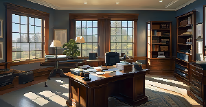 A contractor's office with blueprints and tools, illuminated by sunlight, highlighting professionalism.