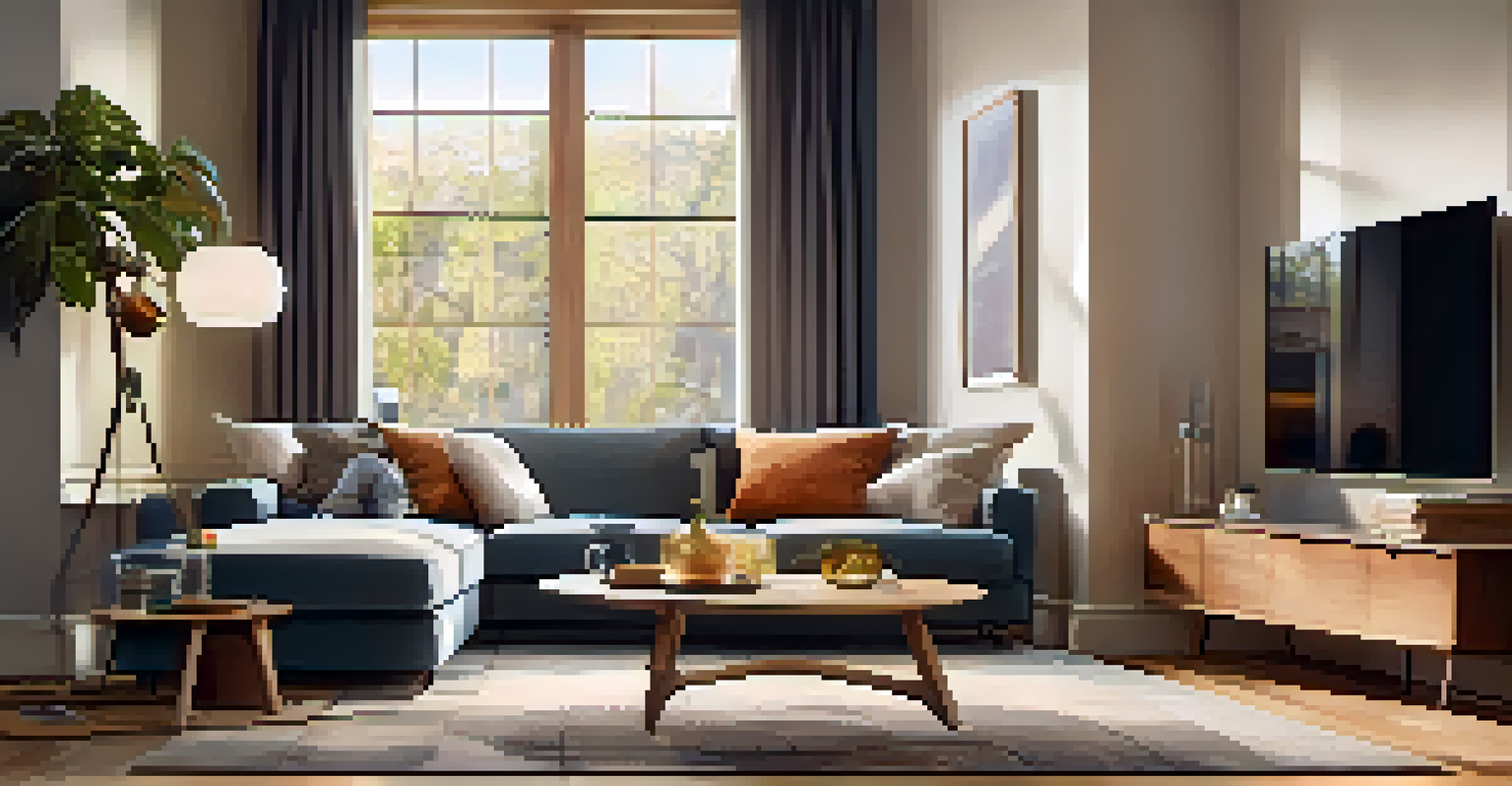 A stylish living room featuring smart home technology and comfortable furnishings.