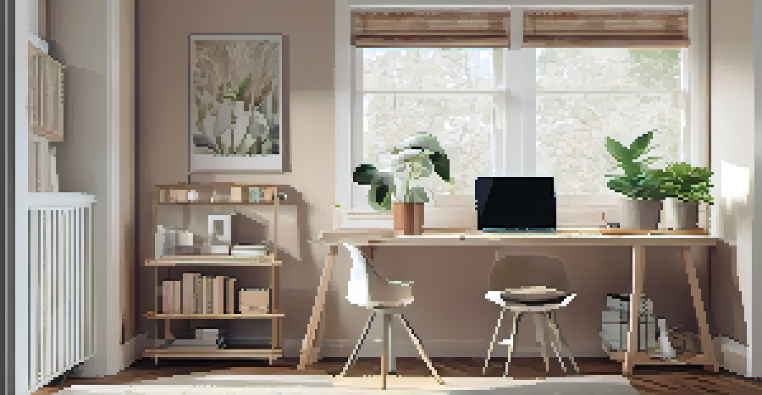 A multi-functional wall-mounted desk in a minimalist home office with daylight filtering through curtains.