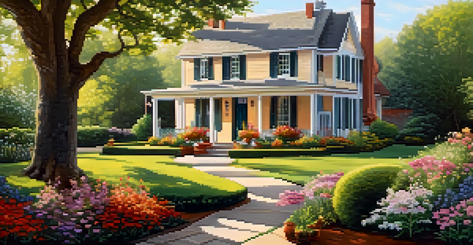 A picturesque house with a beautifully maintained garden, featuring a colorful front door and blooming flowers.