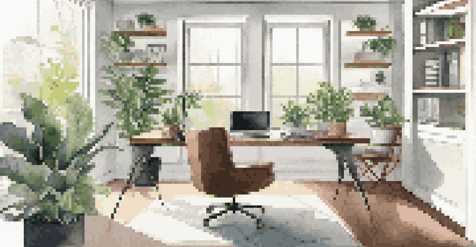 A bright and modern home office with large windows, stylish furniture, and decorative plants.