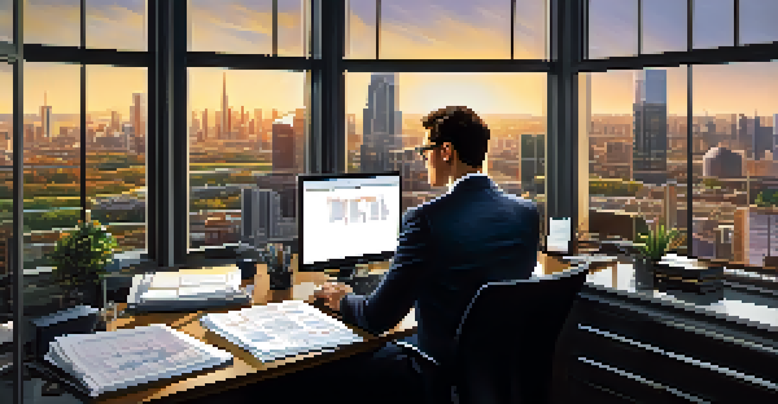 A financial analyst at a desk with documents and a laptop, concentrated on their work with a city skyline visible through the window.