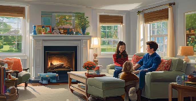 A warm and inviting living room with a family around a fireplace, showcasing a sense of comfort and togetherness.