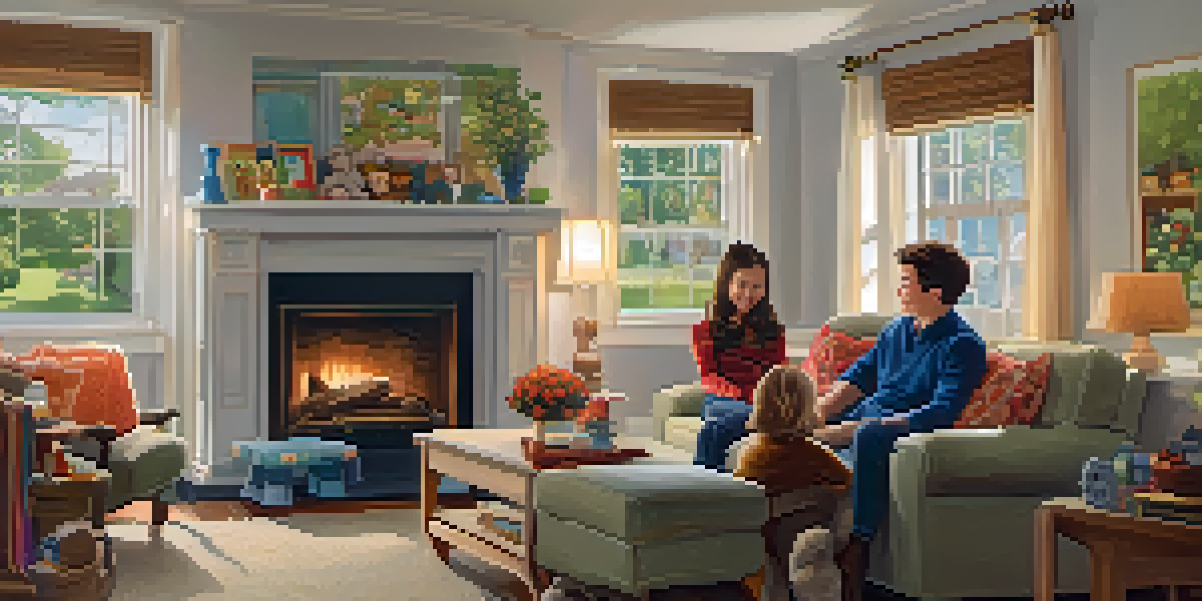 A warm and inviting living room with a family around a fireplace, showcasing a sense of comfort and togetherness.
