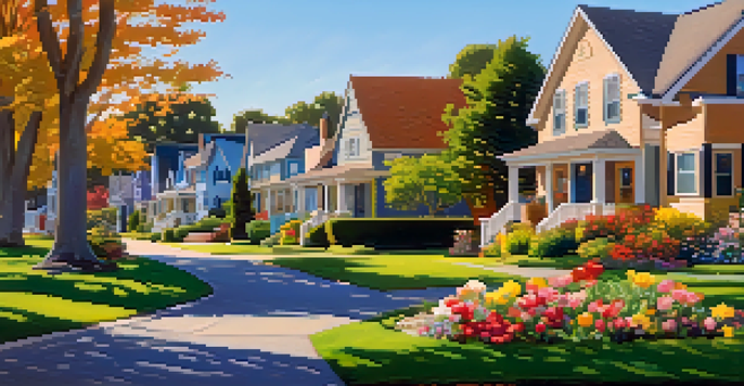 A peaceful neighborhood with diverse houses, gardens, and a 'For Sale' sign in front of one house under a clear blue sky.