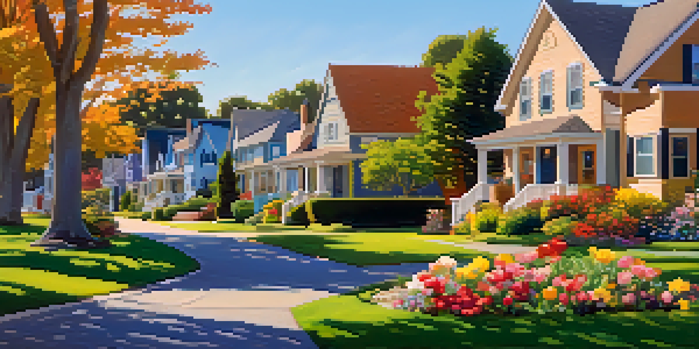 A peaceful neighborhood with diverse houses, gardens, and a 'For Sale' sign in front of one house under a clear blue sky.