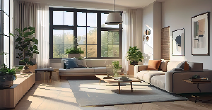 A contemporary living room with a multifunctional sofa that can transform into a workspace, illuminated by natural light from large windows, with plants and minimalistic decor.