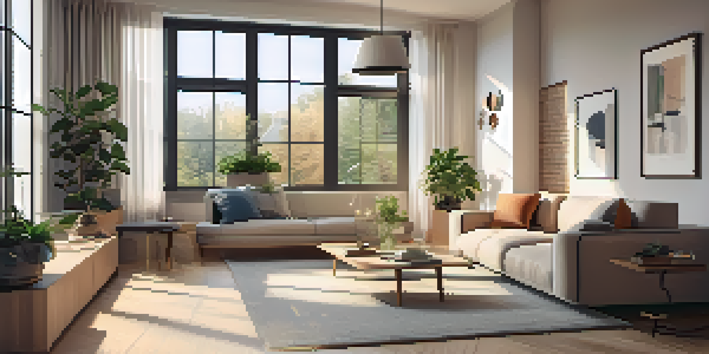 A contemporary living room with a multifunctional sofa that can transform into a workspace, illuminated by natural light from large windows, with plants and minimalistic decor.