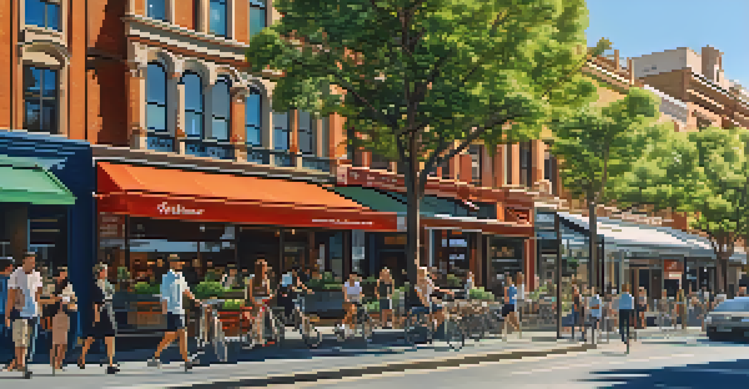 A lively urban landscape in Melbourne with mixed-use developments, cafes, shops, and residents walking and cycling under sunny skies.