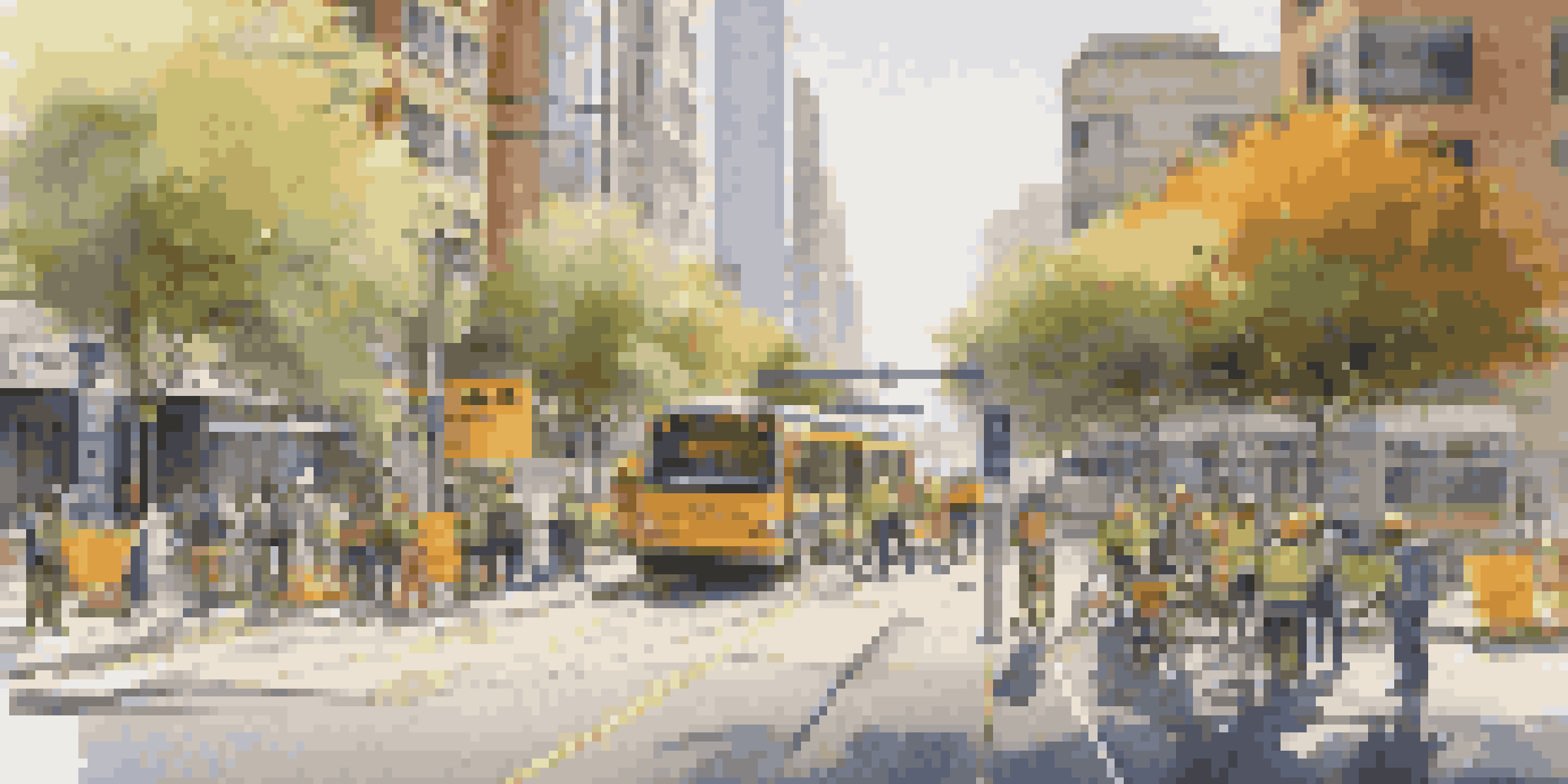 A busy city street with a light rail line under construction, workers and construction equipment in the foreground, and people waiting at a bus stop.