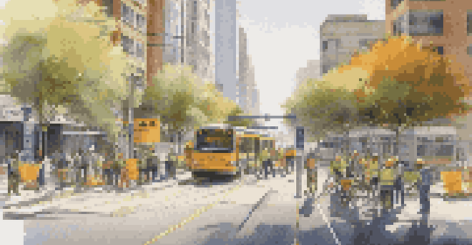 A busy city street with a light rail line under construction, workers and construction equipment in the foreground, and people waiting at a bus stop.