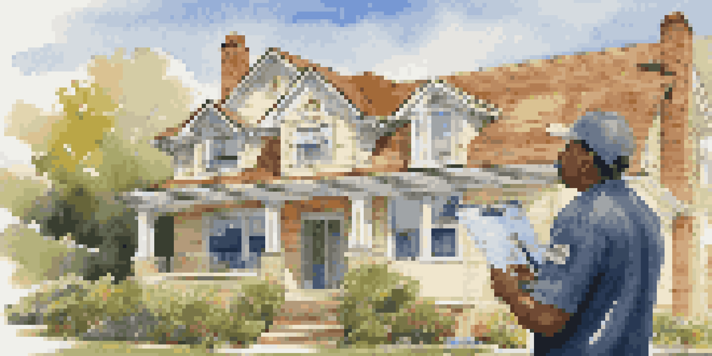 A home inspector examining a roof with a clipboard and tools on a sunny day, with a suburban neighborhood in the background.