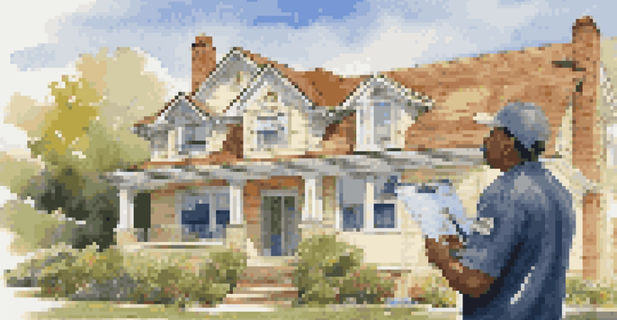 A home inspector examining a roof with a clipboard and tools on a sunny day, with a suburban neighborhood in the background.