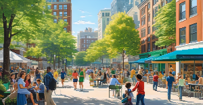 A lively city scene with a blend of residential and commercial buildings surrounded by greenery and people enjoying outdoor activities.