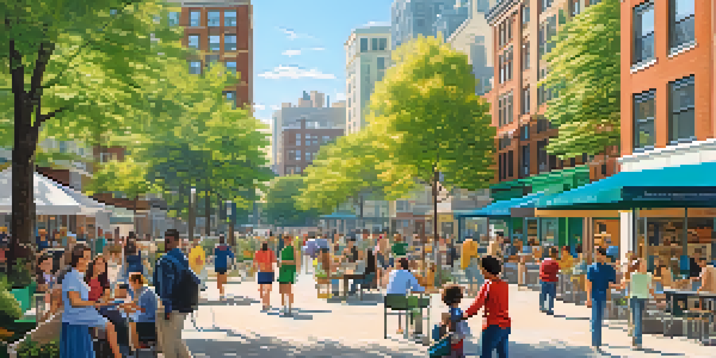 A lively city scene with a blend of residential and commercial buildings surrounded by greenery and people enjoying outdoor activities.