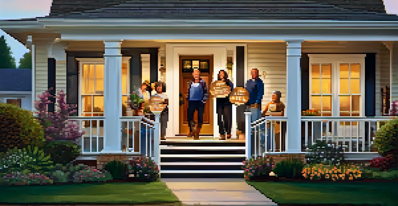 A happy family celebrating in front of their new home with a 'Sold' sign.