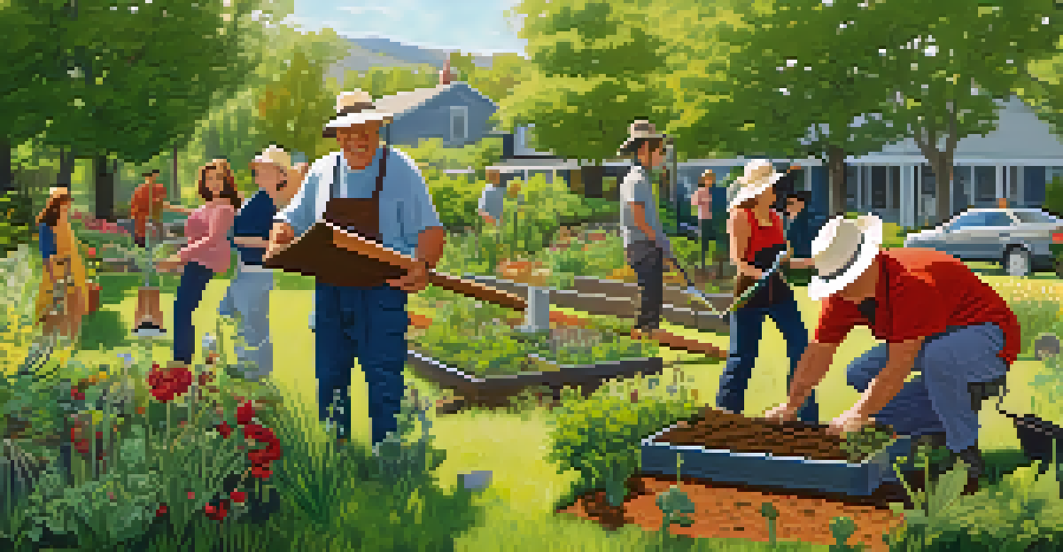 A community gardening event with diverse people planting native plants together in a sunny garden.