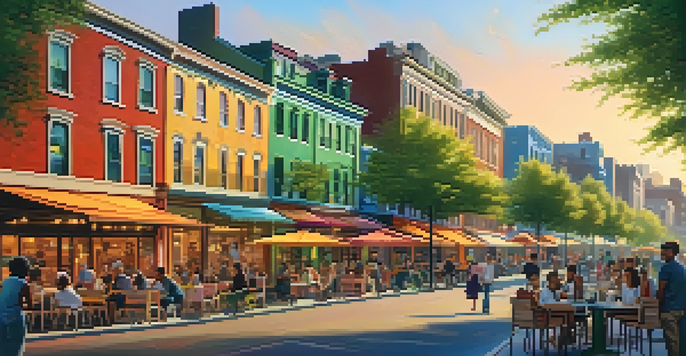 A bright and lively urban neighborhood with colorful buildings, outdoor cafes, and green parks during sunset.