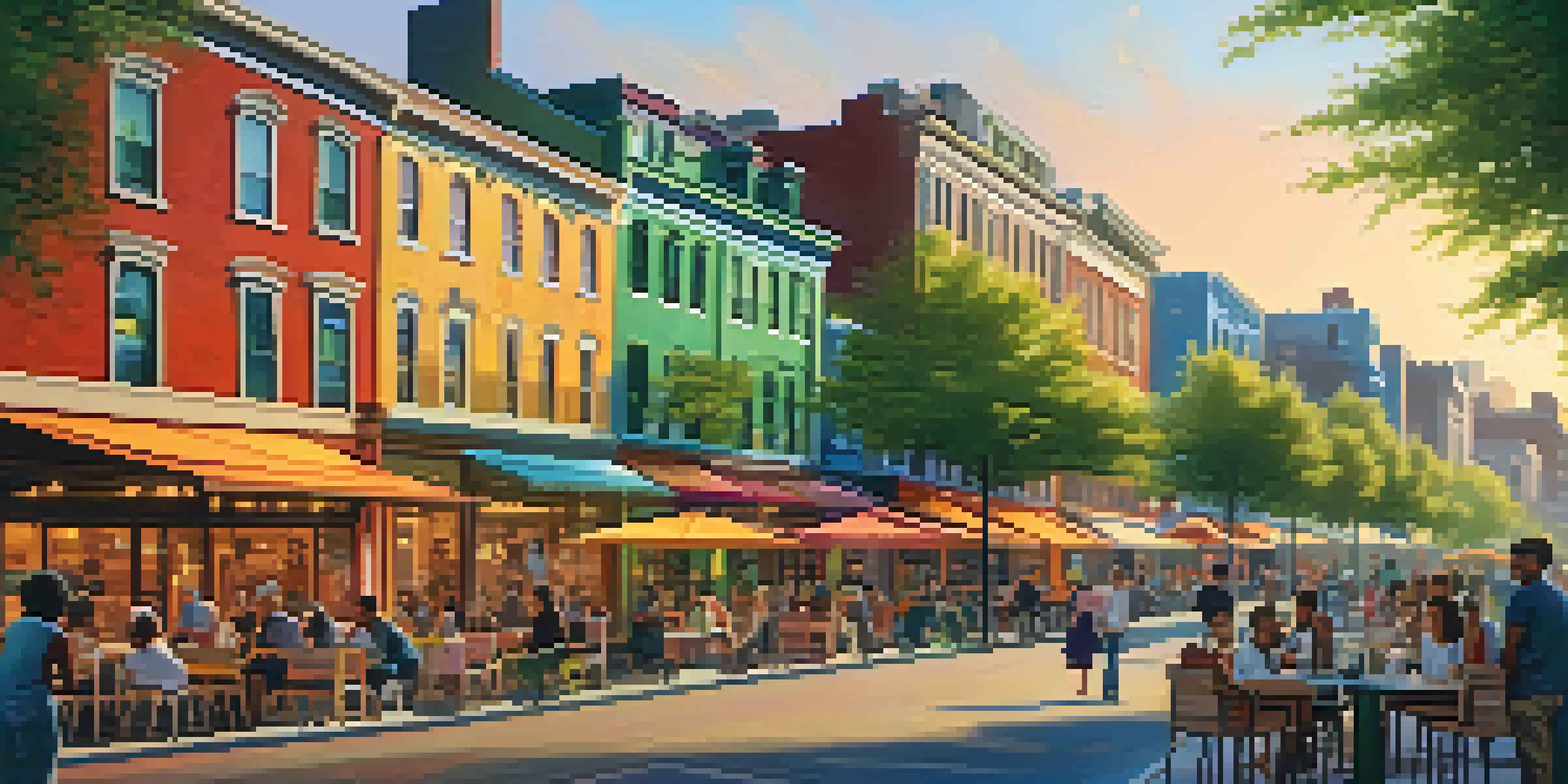 A bright and lively urban neighborhood with colorful buildings, outdoor cafes, and green parks during sunset.