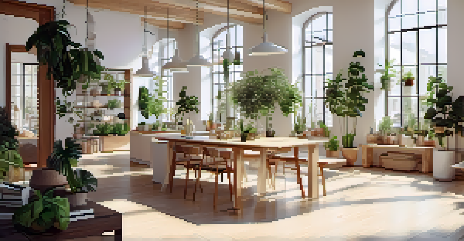 A bright open concept space with tall windows and light walls, showcasing vertical shelves with plants and decor.