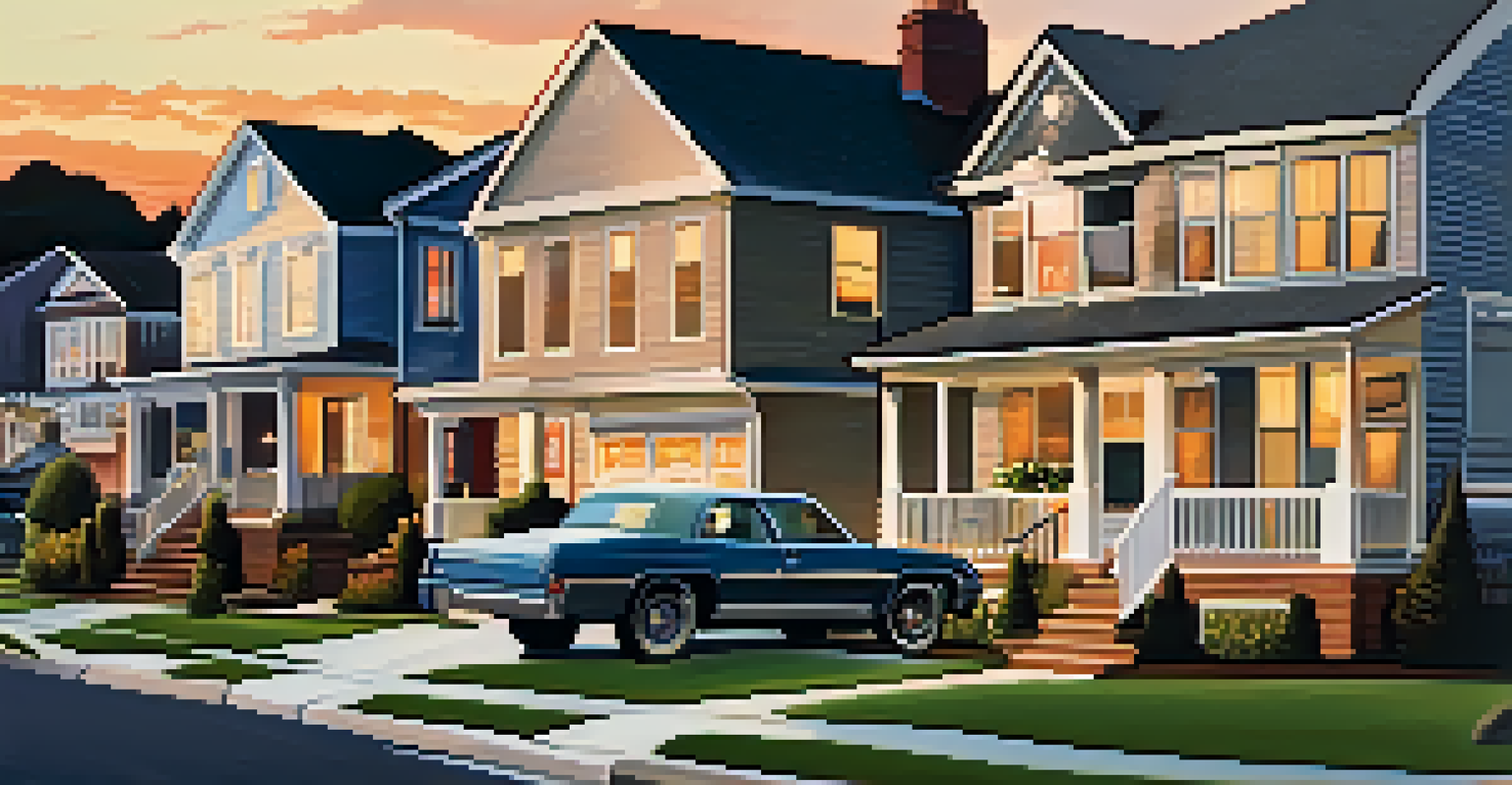 A picturesque suburban neighborhood at sunset with houses and families outdoors, featuring a 'For Sale' sign in front of one house.