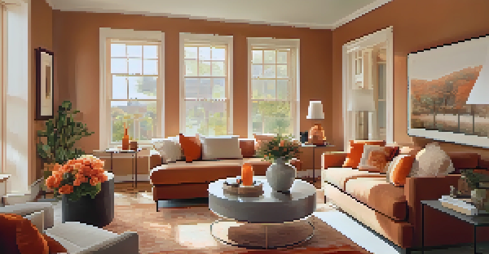 A living room with warm terracotta walls, beige furniture, and bright orange cushions, illuminated by sunlight from large windows.