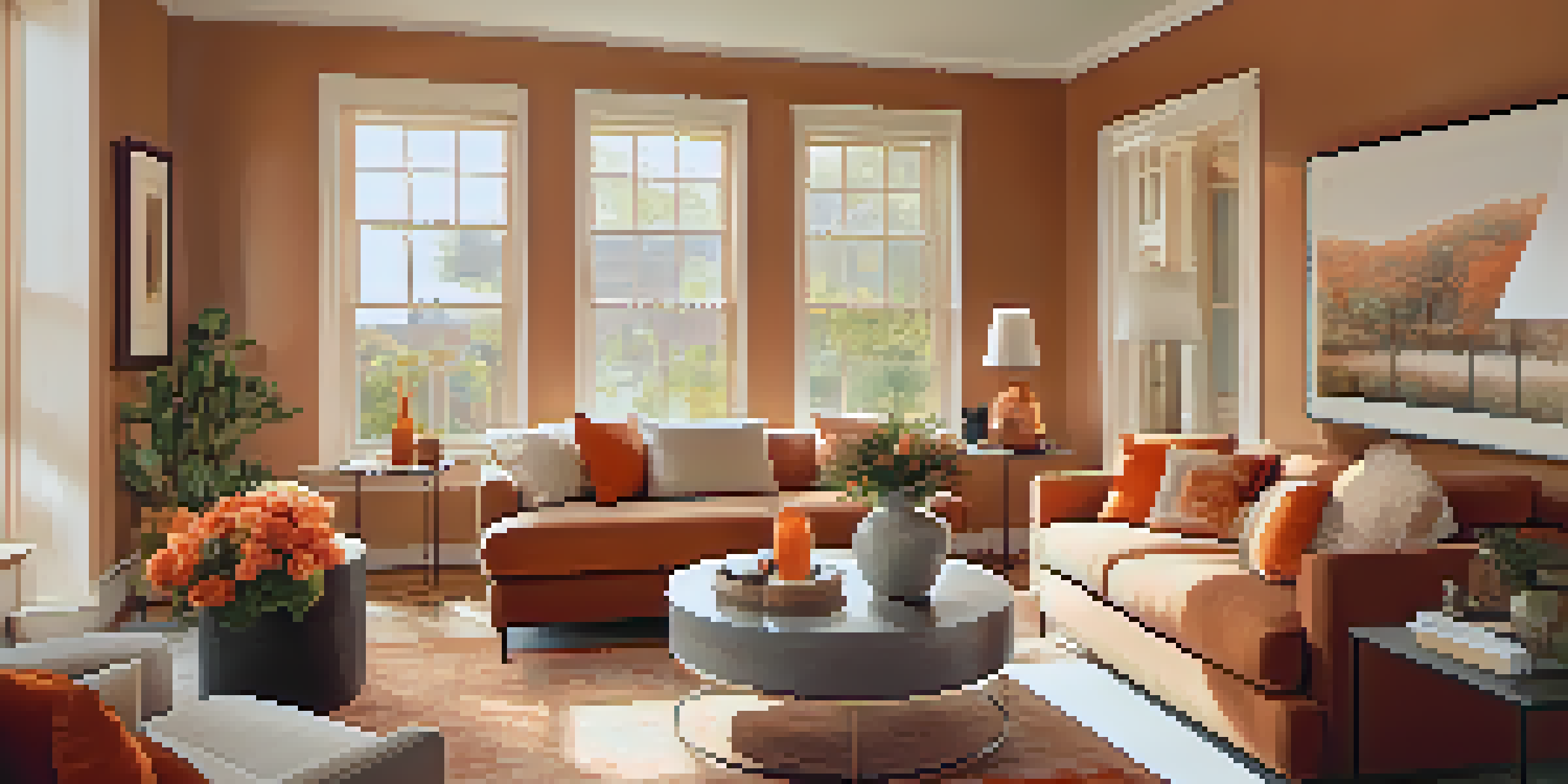 A living room with warm terracotta walls, beige furniture, and bright orange cushions, illuminated by sunlight from large windows.