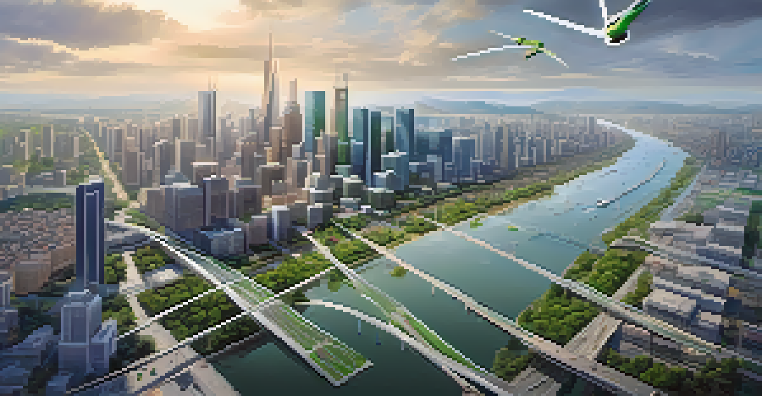 An aerial perspective of a modern city with resilient buildings and integrated green spaces, illustrating the connection between urban living and nature.