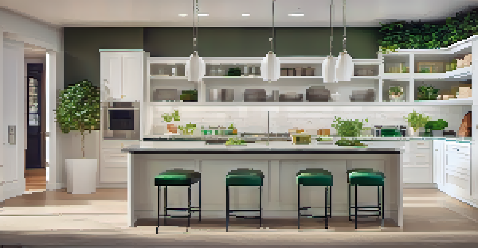 A stylish, modern kitchen with white cabinetry, a large island, and stainless steel appliances, illuminated by warm pendant lights.