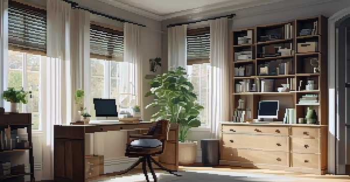 An organized home office with a wooden desk, ergonomic chair, and bookshelves, illuminated by natural light from a window.