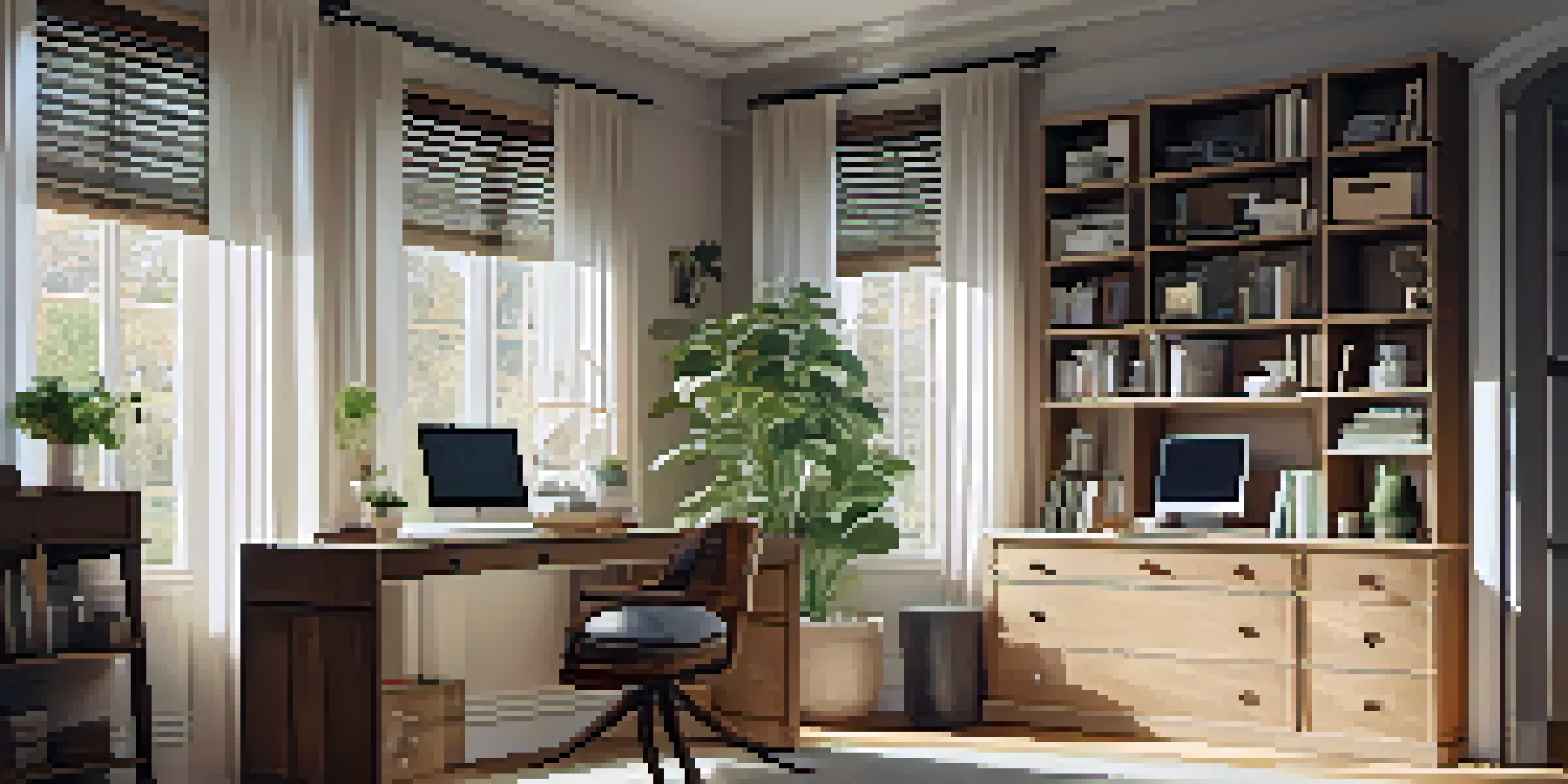 An organized home office with a wooden desk, ergonomic chair, and bookshelves, illuminated by natural light from a window.