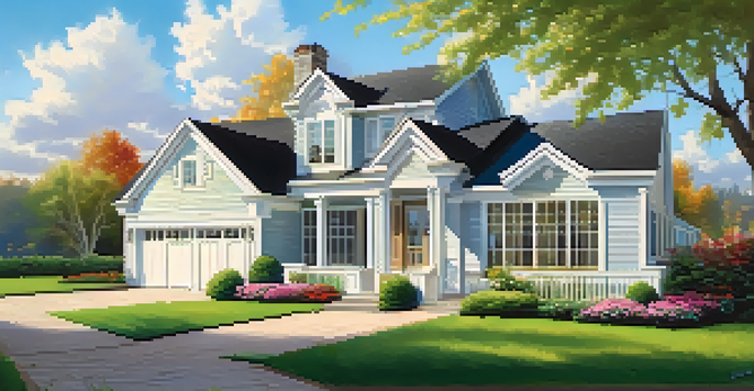 A modern house for sale with a lush green lawn and colorful flowers under a blue sky.