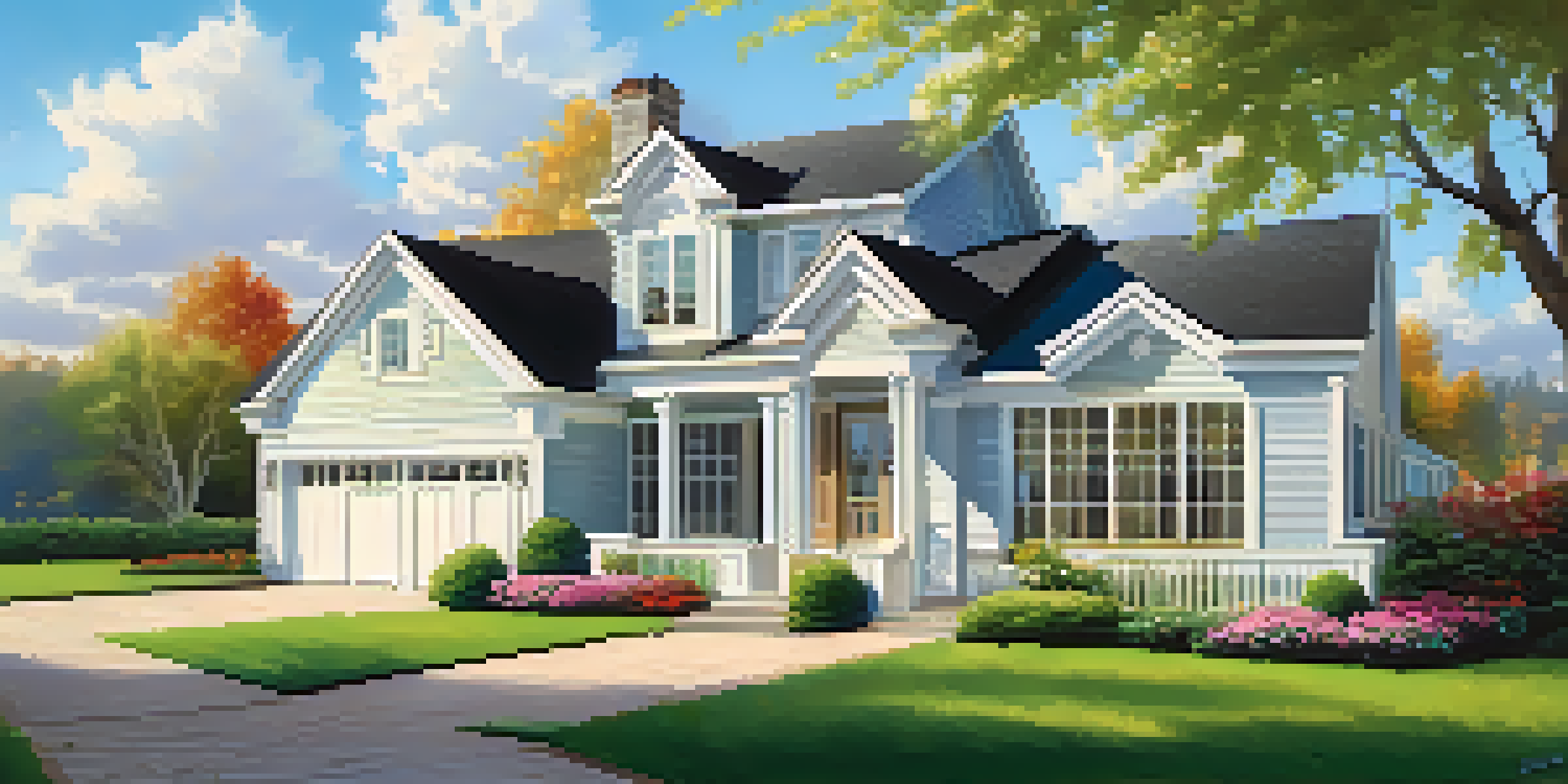 A modern house for sale with a lush green lawn and colorful flowers under a blue sky.