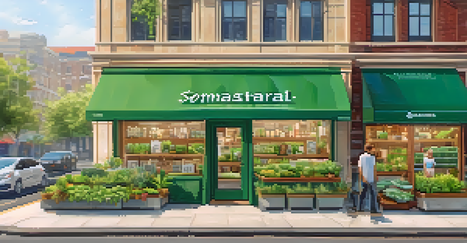 An eco-friendly shop in a smart city with plants and solar panels, showing shoppers exploring sustainable products.