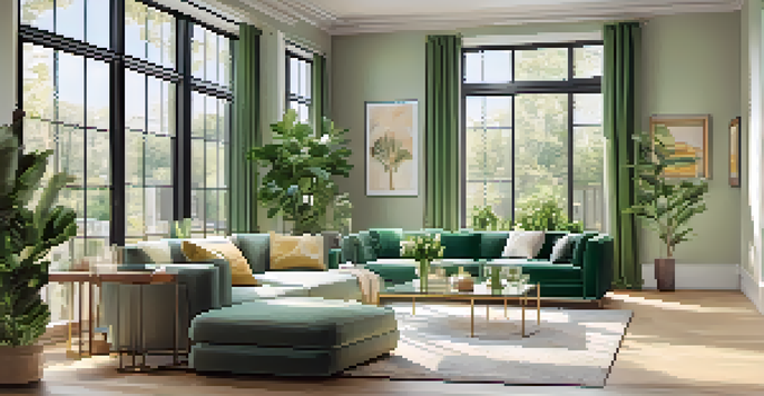 A bright and modern living room with large windows, modern furniture, and indoor plants, showcasing a serene atmosphere.