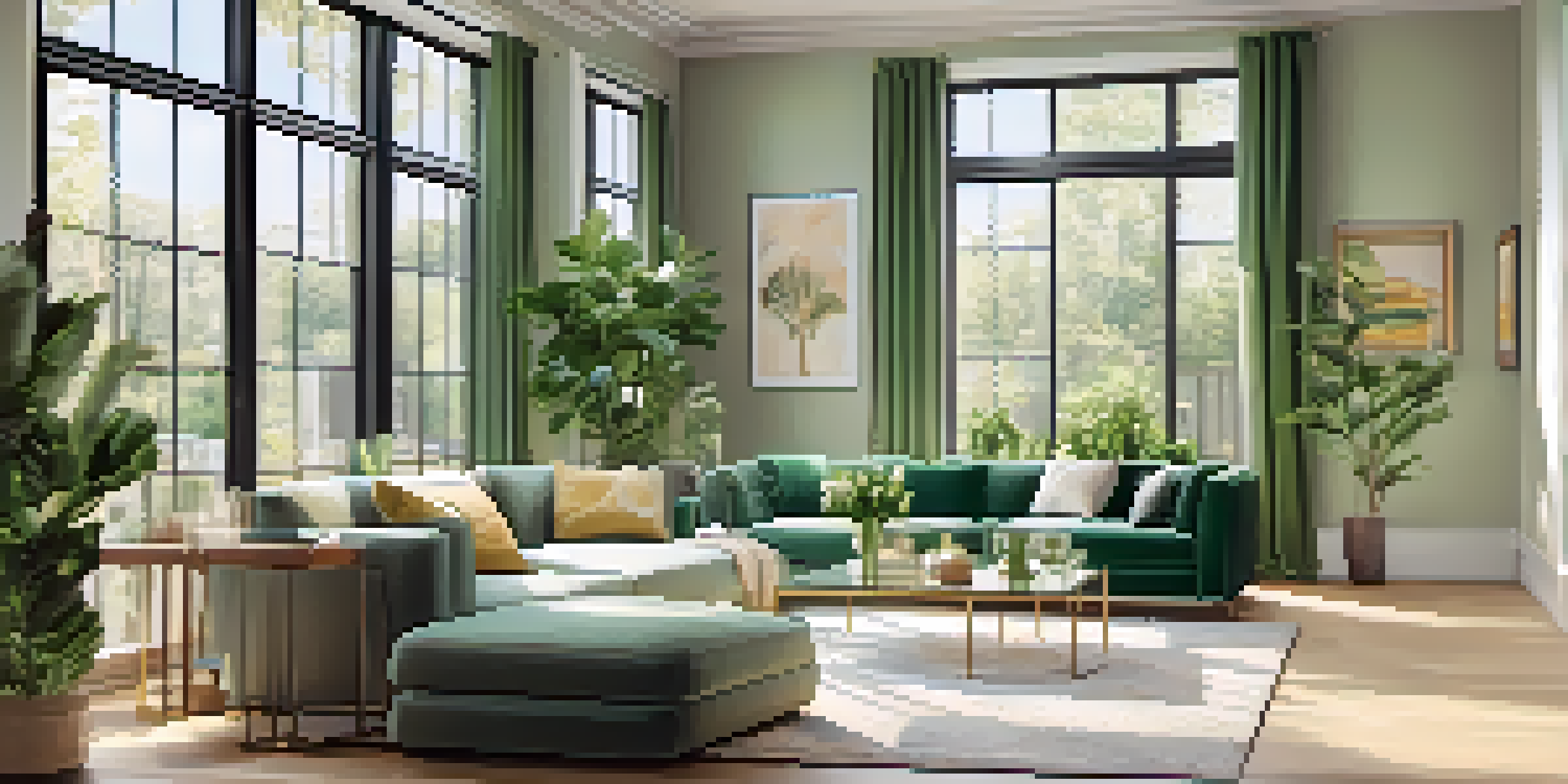 A bright and modern living room with large windows, modern furniture, and indoor plants, showcasing a serene atmosphere.