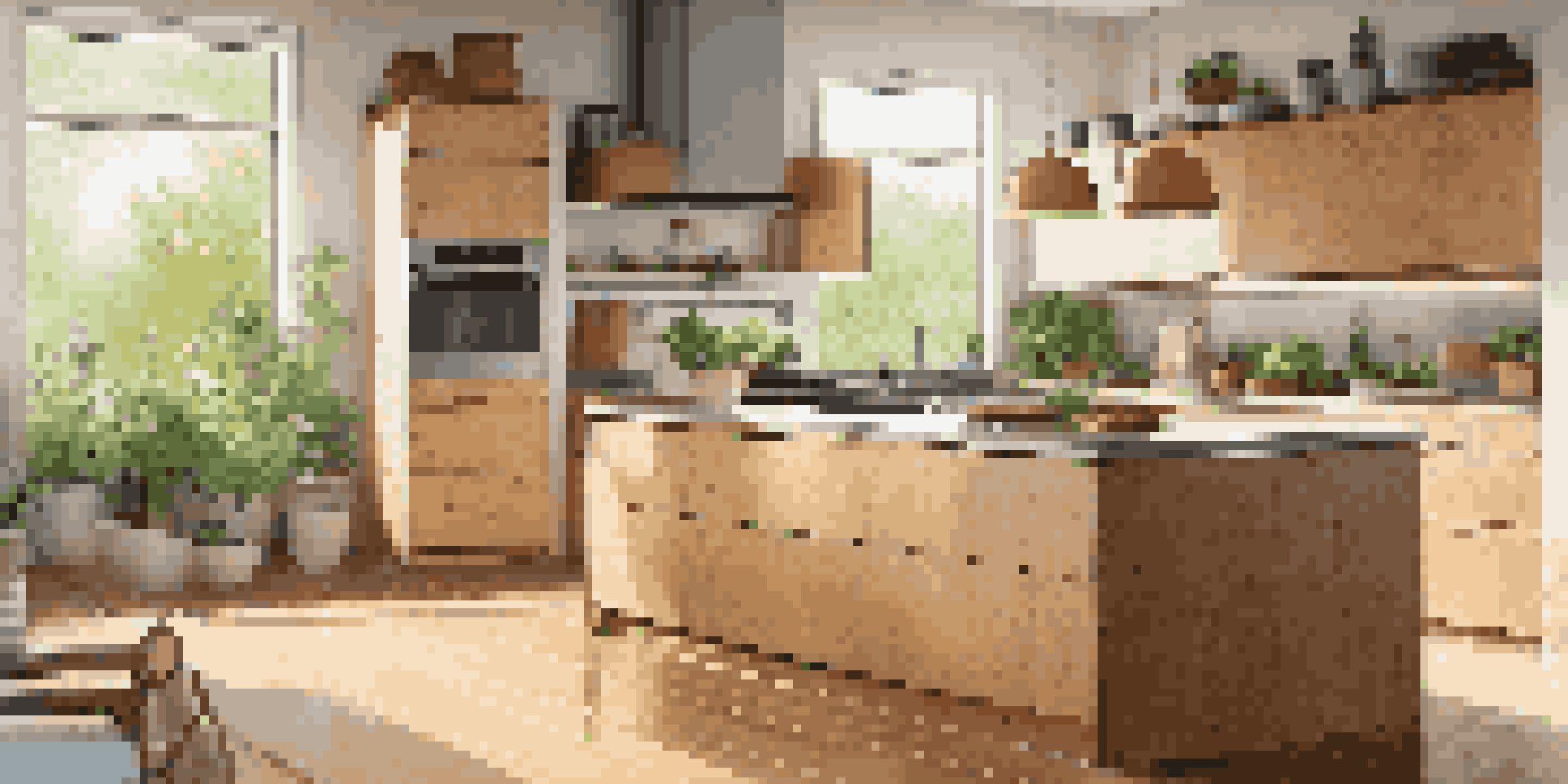 A modern kitchen with bamboo cabinets and cork flooring, featuring recycled glass countertops and fresh herbs on the windowsill.