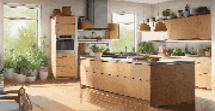 A modern kitchen with bamboo cabinets and cork flooring, featuring recycled glass countertops and fresh herbs on the windowsill.