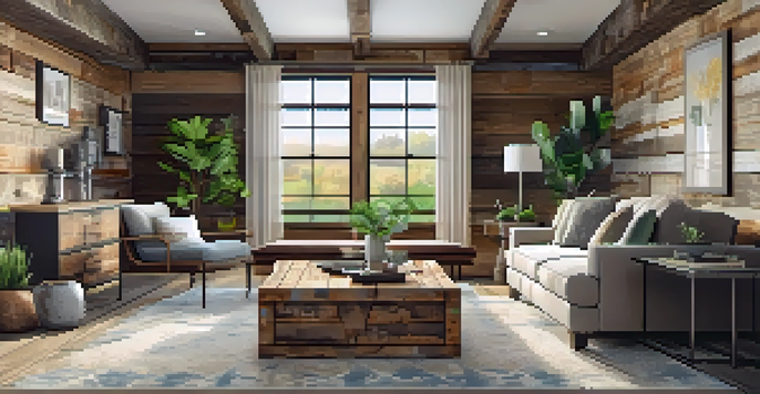 A cozy living room with a rustic barn wood accent wall, large windows letting in natural light, and comfortable furniture.