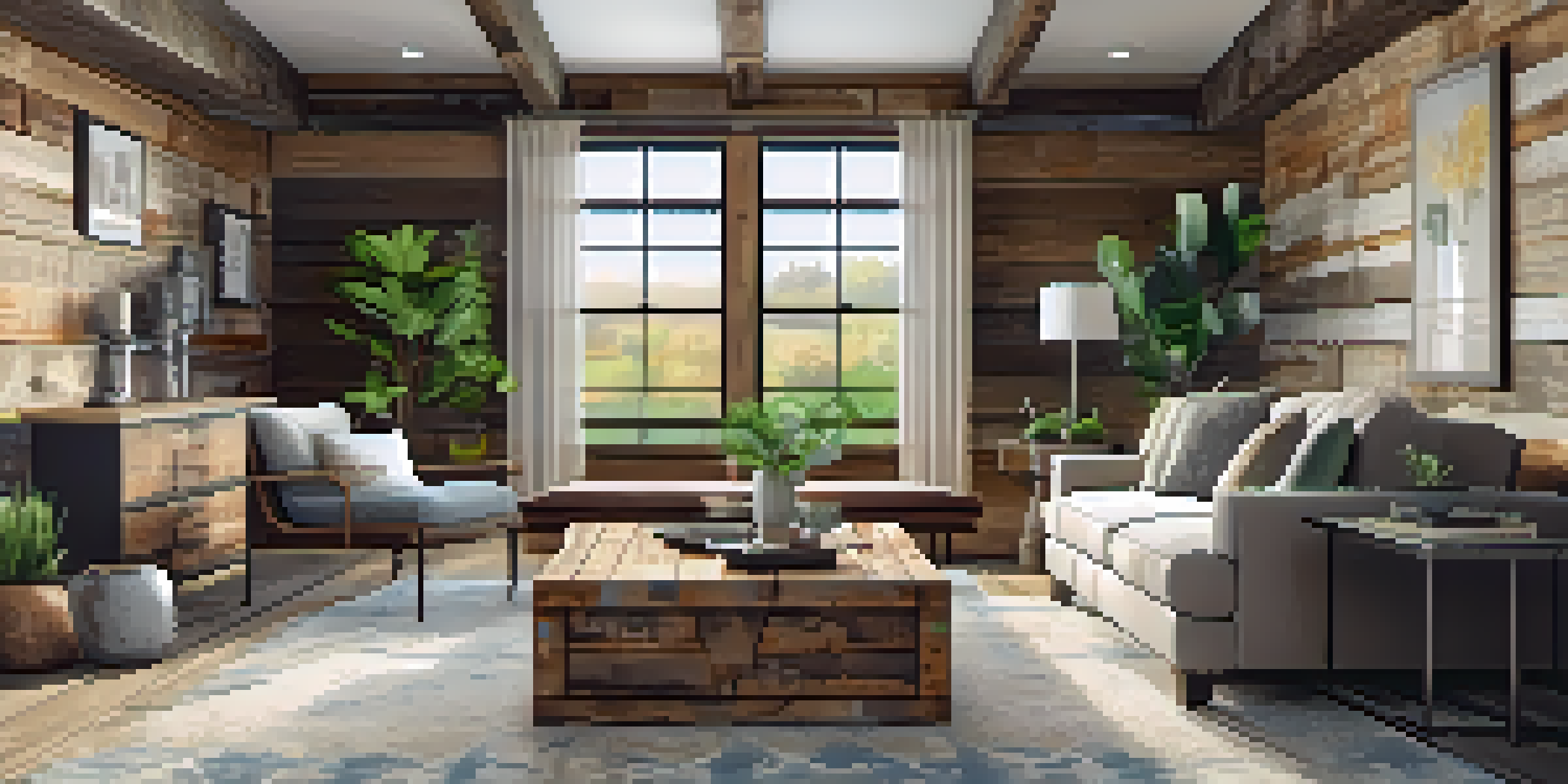 A cozy living room with a rustic barn wood accent wall, large windows letting in natural light, and comfortable furniture.