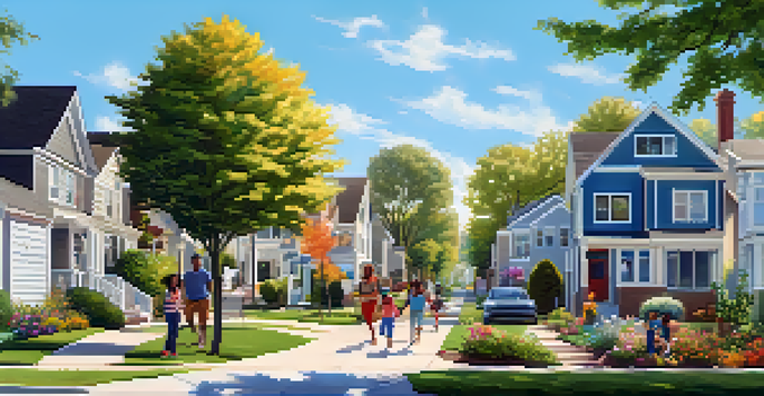A diverse group of families interacting in a peaceful suburban neighborhood with children playing in a park and colorful flowers in front yards.