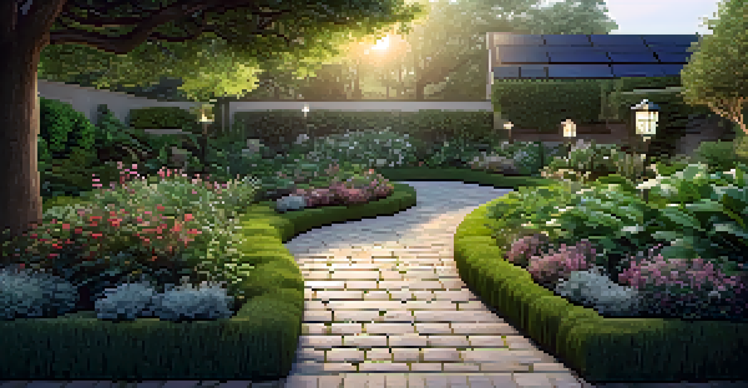 A garden pathway with stones and greenery, illuminated by soft solar lights, leading to a cozy seating area.