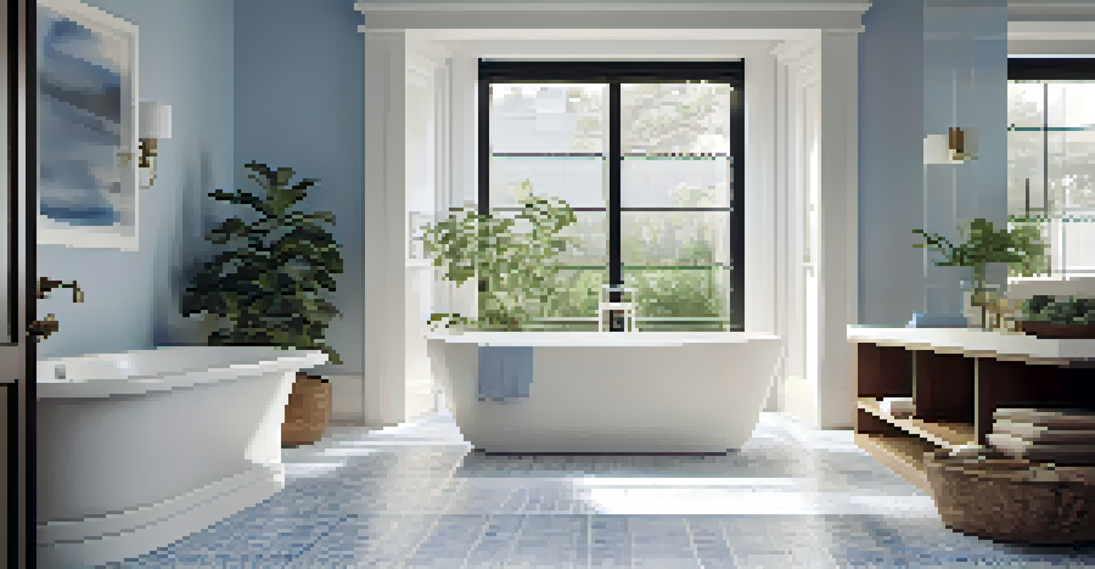 A stylish bathroom with a freestanding bathtub, elegant tiles, and plants, exuding a calm and luxurious ambiance.