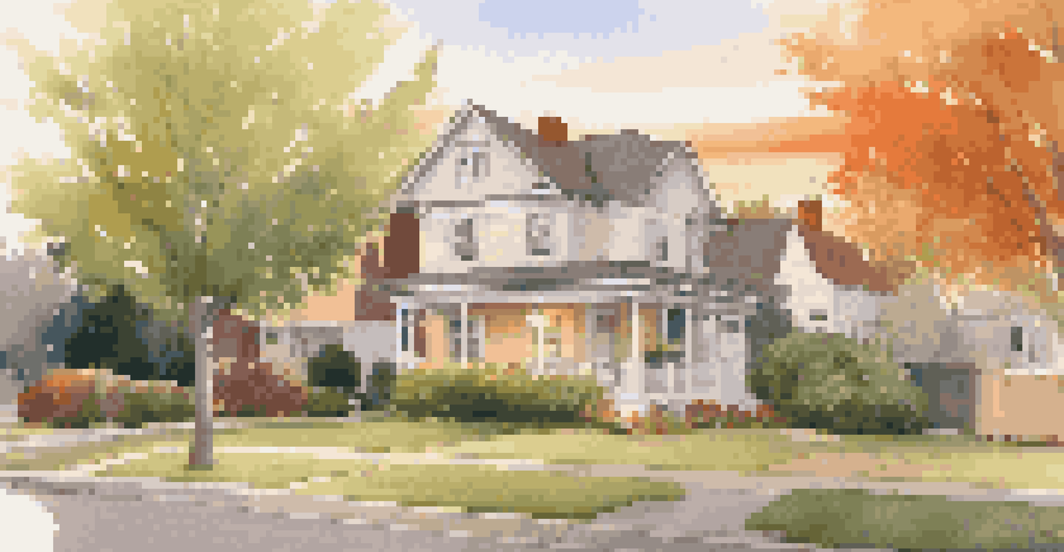A 'For Sale' sign in front of a lovely home in a neighborhood during sunset, with warm lighting and greenery.