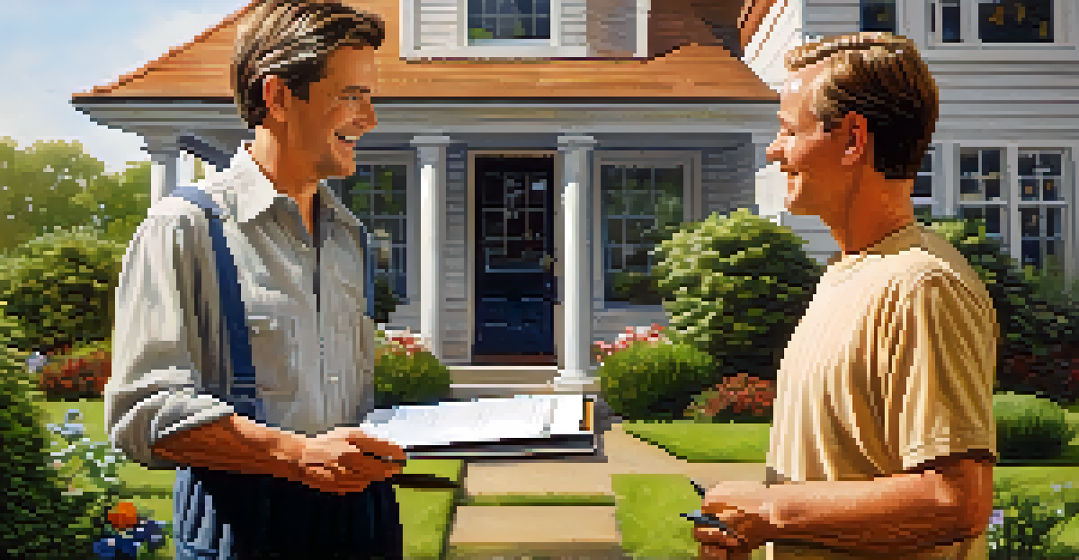 A landlord and tenant having a friendly conversation outside a well-maintained property with a garden.