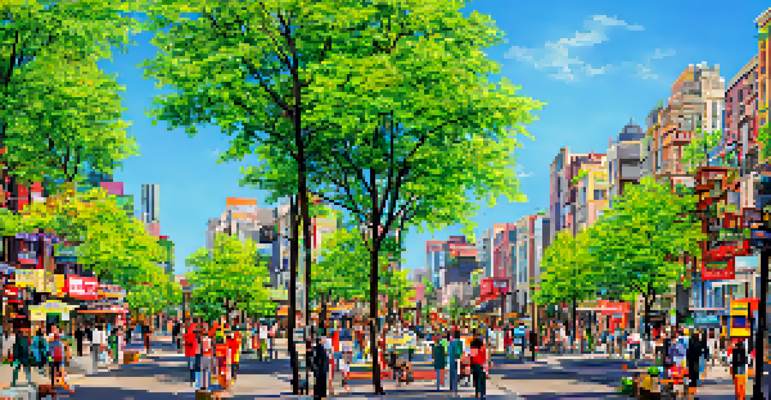 A lively cityscape with a mix of residential and commercial buildings, busy sidewalks, and colorful storefronts.