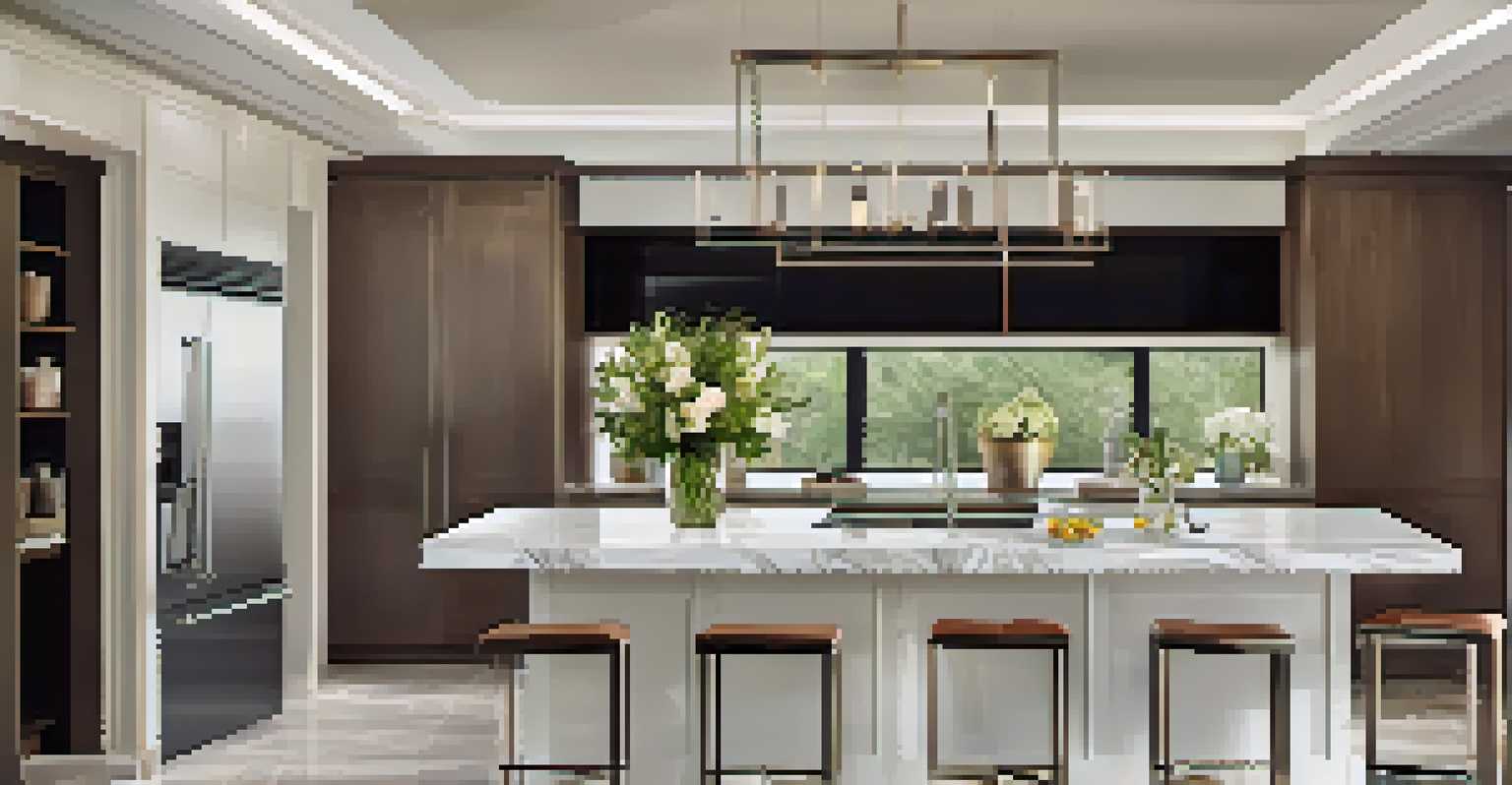 A stylish modern kitchen with marble countertops, stainless steel appliances, and fresh flowers on the island.