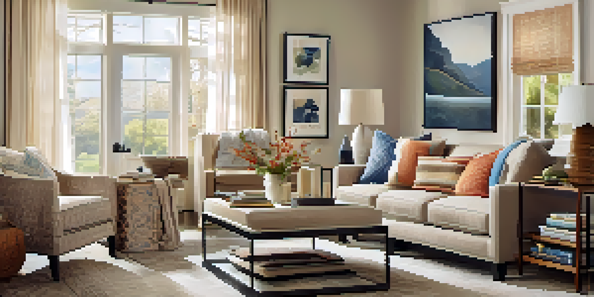 A warm and inviting living room with a neutral sofa, colorful pillows, and a soft throw, illuminated by natural light through sheer curtains.