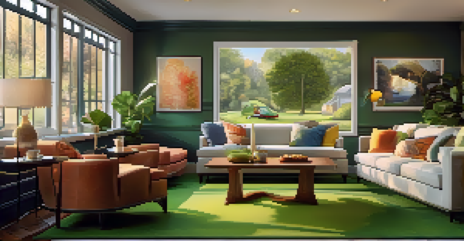 A cozy living room with a mini putting green, colorful decor, and a warm ambiance for game night.